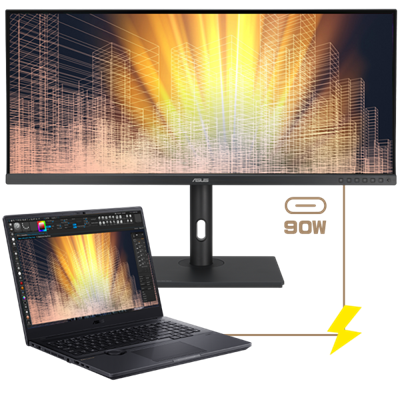 Verbinden Sie das ProArt Display PA348CGV über den USB-C-Anschluss mit einem Laptop, und es unterstützt 65 W Power Delivery.