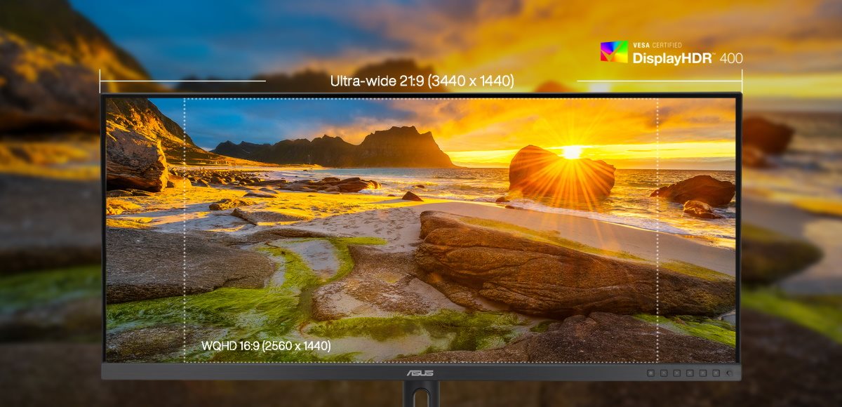 Das ProArt Display PA348CGV ist ein 34-Zoll-Monitor im ultrabreiten 21:9-Format mit 3440 x 1440 Pixeln und VESA-zertifiziertem DisplayHDR 400
