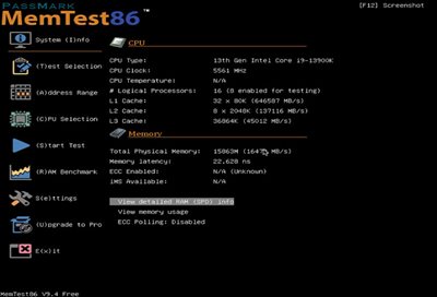 Memtest86 Benutzeroberfläche