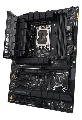 TUF Gaming Mainboard Frontansicht, 60 Grad, mit Aura-Beleuchtung