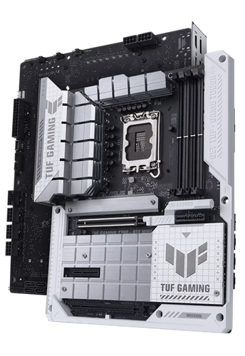 TUF Gaming Mainboard Frontansicht, 60 Grad, mit Aura-Beleuchtung