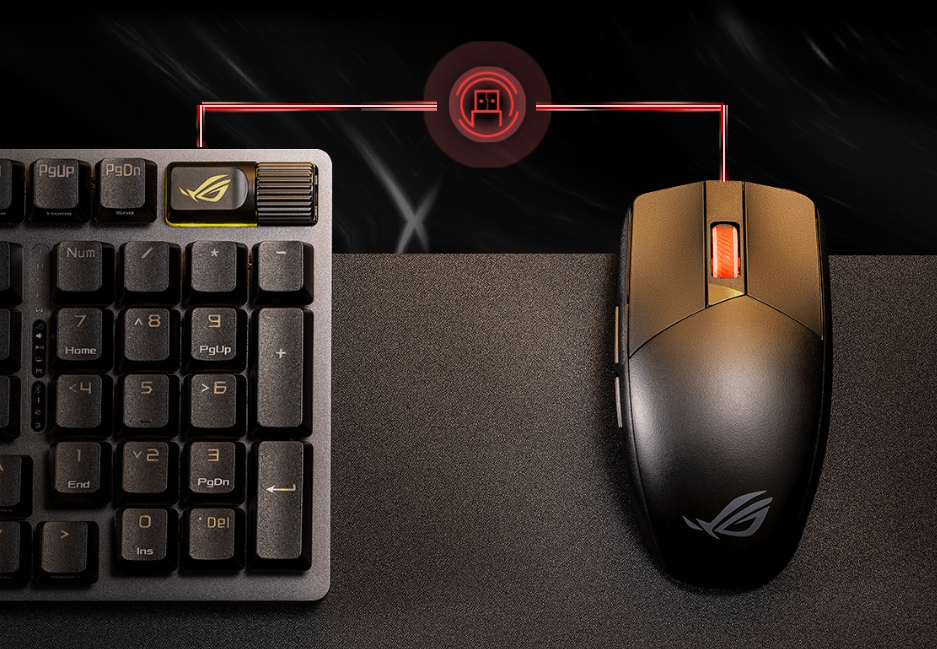 Ein Bild der ROG Strix Impact III Wireless Maus neben der ROG Strix Scope II 96 Wireless Tastatur