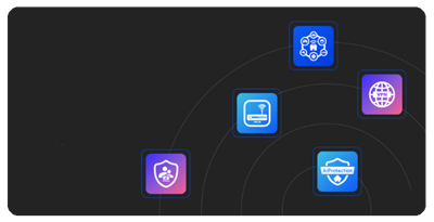 Symbole für die erweiterbaren Funktionen von AiMesh, einschließlich Kindersicherung, ASUS Router App, Smart Home Master, AiProtection und VPN, die um einen WiFi-Abdeckungskreis herum angeordnet sind.