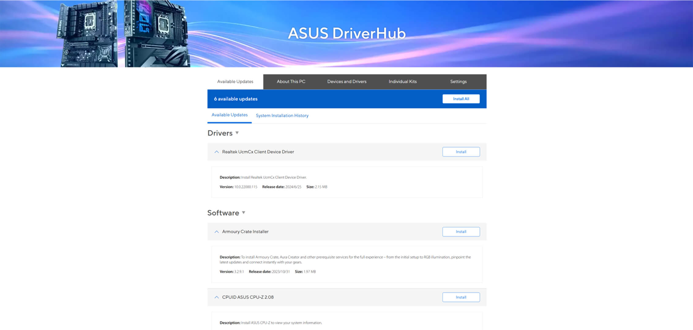 ASUS DRIVER HUB Oberfläche