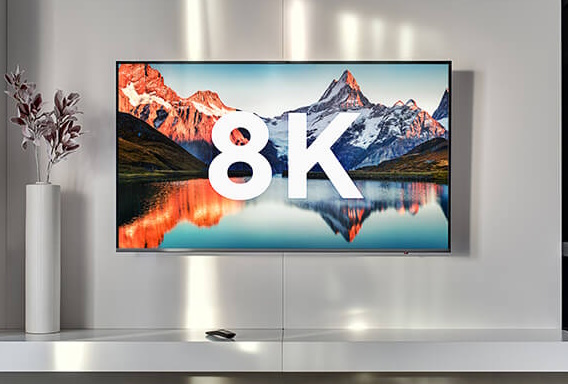 An der Wand montierter Fernseher, der „8K” über einem malerischen Berg- und Seebild anzeigt und auf Ultra-High-Definition-Streaming hinweist.