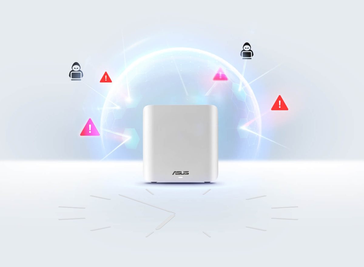 ASUS ZenWiFi BD4 mit einem digitalen Schutzschild, der vor verschiedenen Online-Bedrohungen schützt.