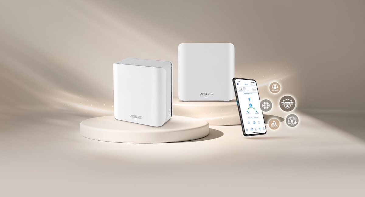 ASUS ZenWiFi BD4 Mesh-System auf dem Display mit einem Smartphone, das die Mesh-Topologie-Schnittstelle anzeigt.