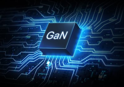 GaN MOSFET mit PCB-Motiv im Hintergrund