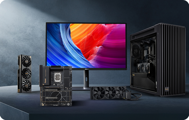 ProArt Mainboard, Grafikkarte, AIO-Kühler, PC-Gehäuse und Monitor auf einer Plattform
