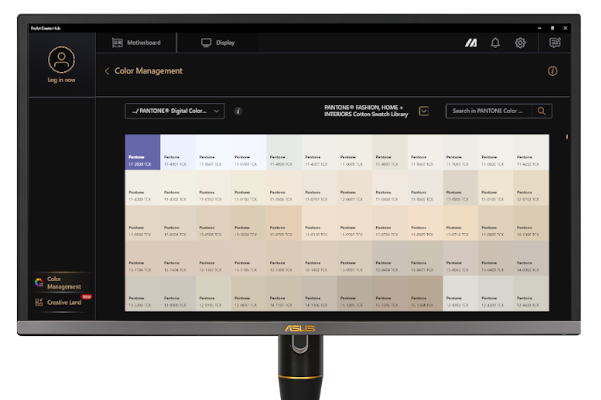 Ein ProArt-Monitor mit einem Benutzerinterface-Screenshot des Farbmanagements in der ProArt Creator Hub-App