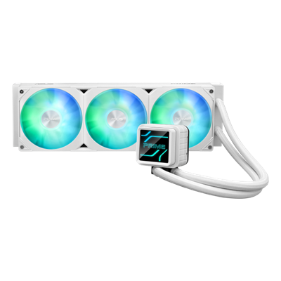 ASUS Prime LC ARGB White Edition All-in-One-Flüssig-CPU-Wasserkühlung mit speziell entwickelter CPU-Kontaktfläche und gerippten Kanälen, Wasserblock mit Infinity-Spiegellinsen, vorinstallierten ARGB-Lüftern und Aura-Beleuchtung.